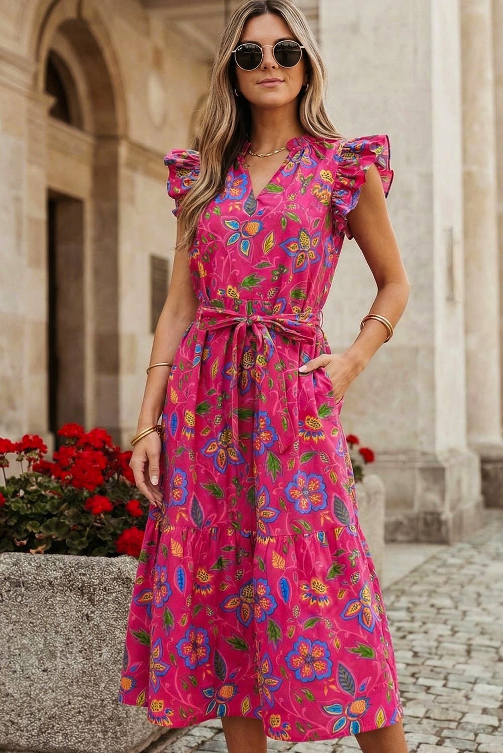 Floral Flutter Sleeve Belted Maxi Dress