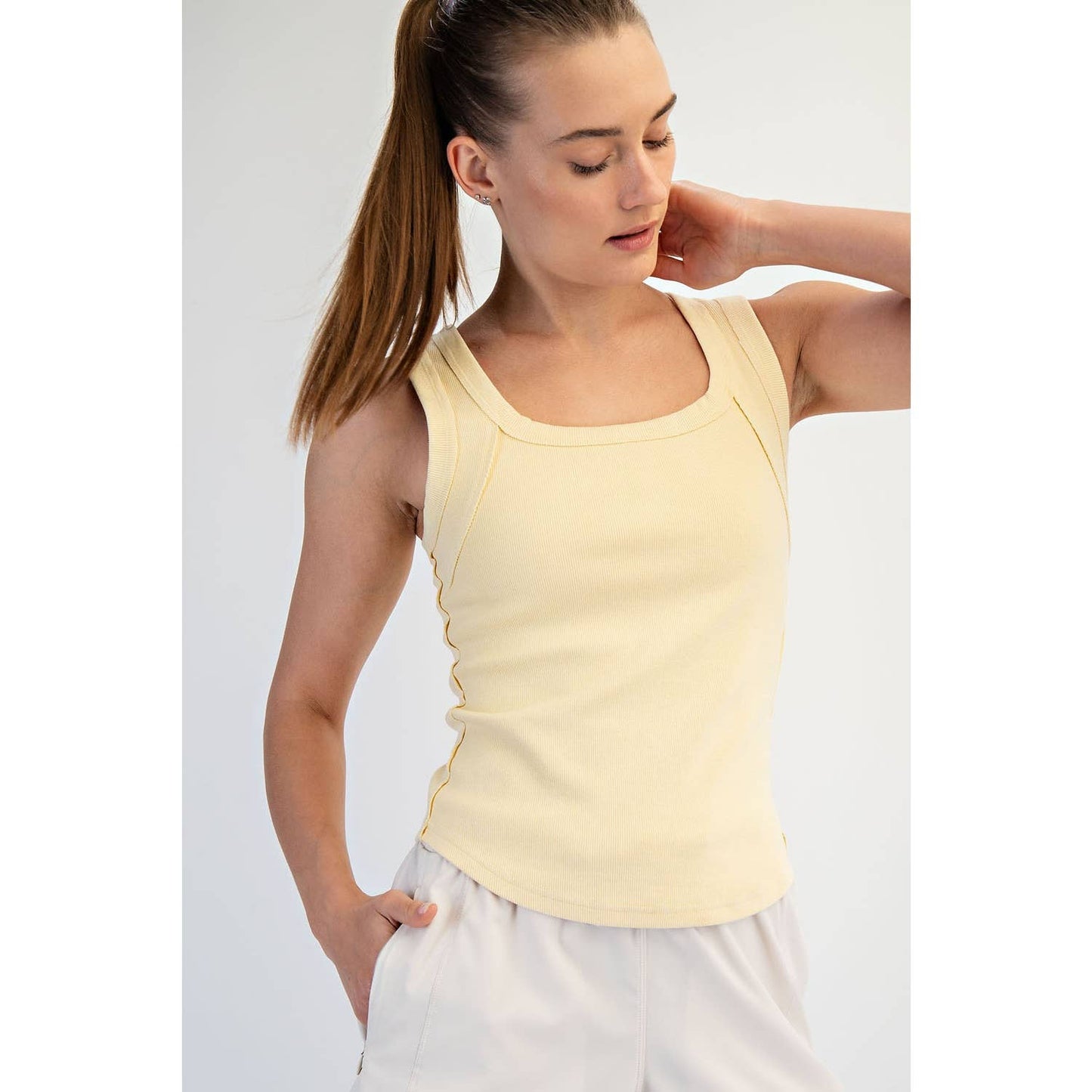 MINERAL WASHED COTTON RIB SLEEVELESS TANK: Lemonilla / S-M-L(2-2-2)