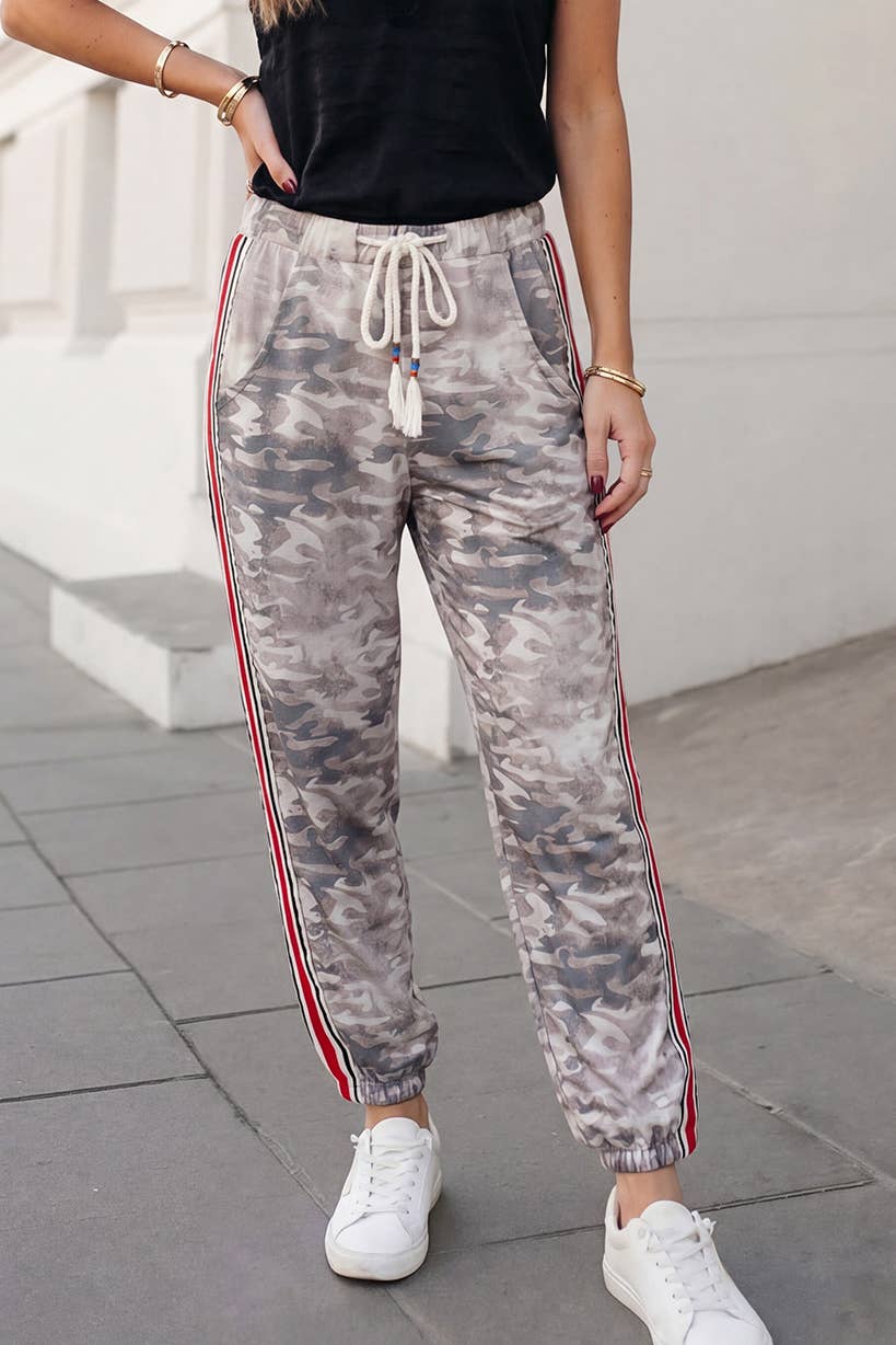 Camo Print Striped Side Drawstring Pants
