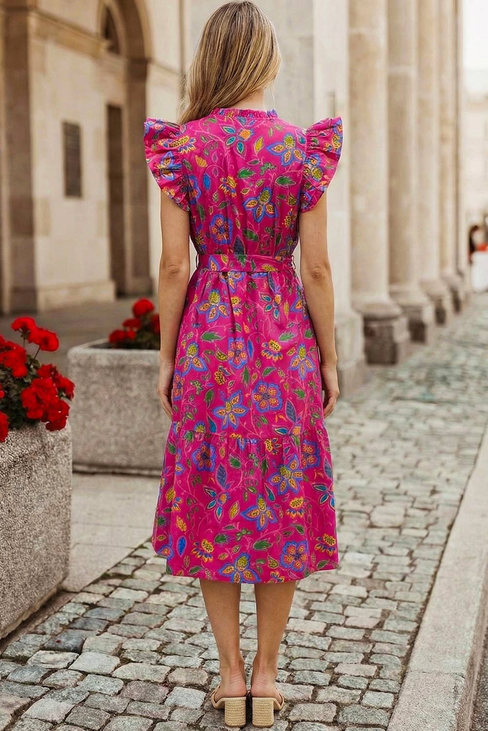 Floral Flutter Sleeve Belted Maxi Dress