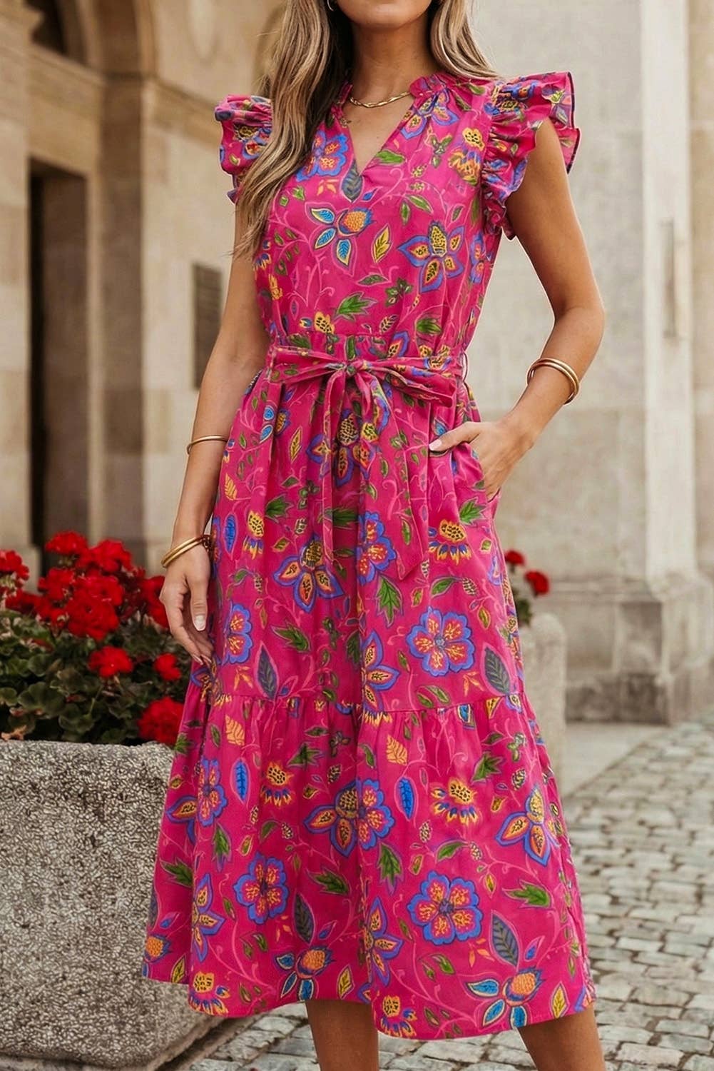 Floral Flutter Sleeve Belted Maxi Dress
