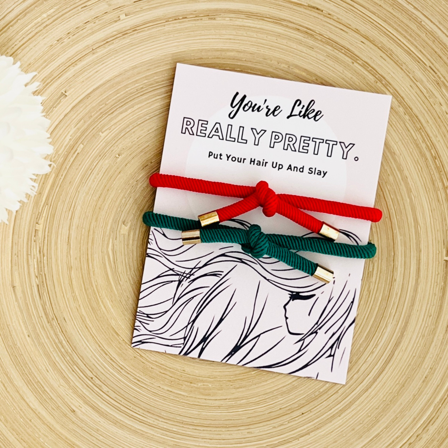 Really Pretty Double Elastic Hair Tie - Hair Accessory Card: Red & Pink