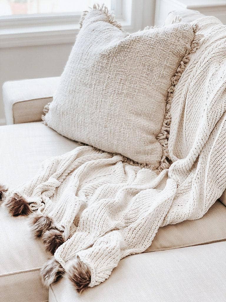 Cream Knit Throw Faux Fur Pom