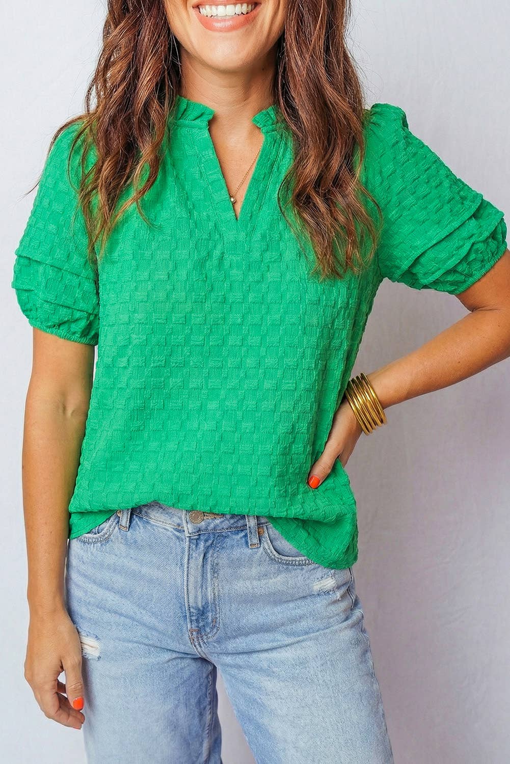 Textured Puff Short Sleeve V Neck Top