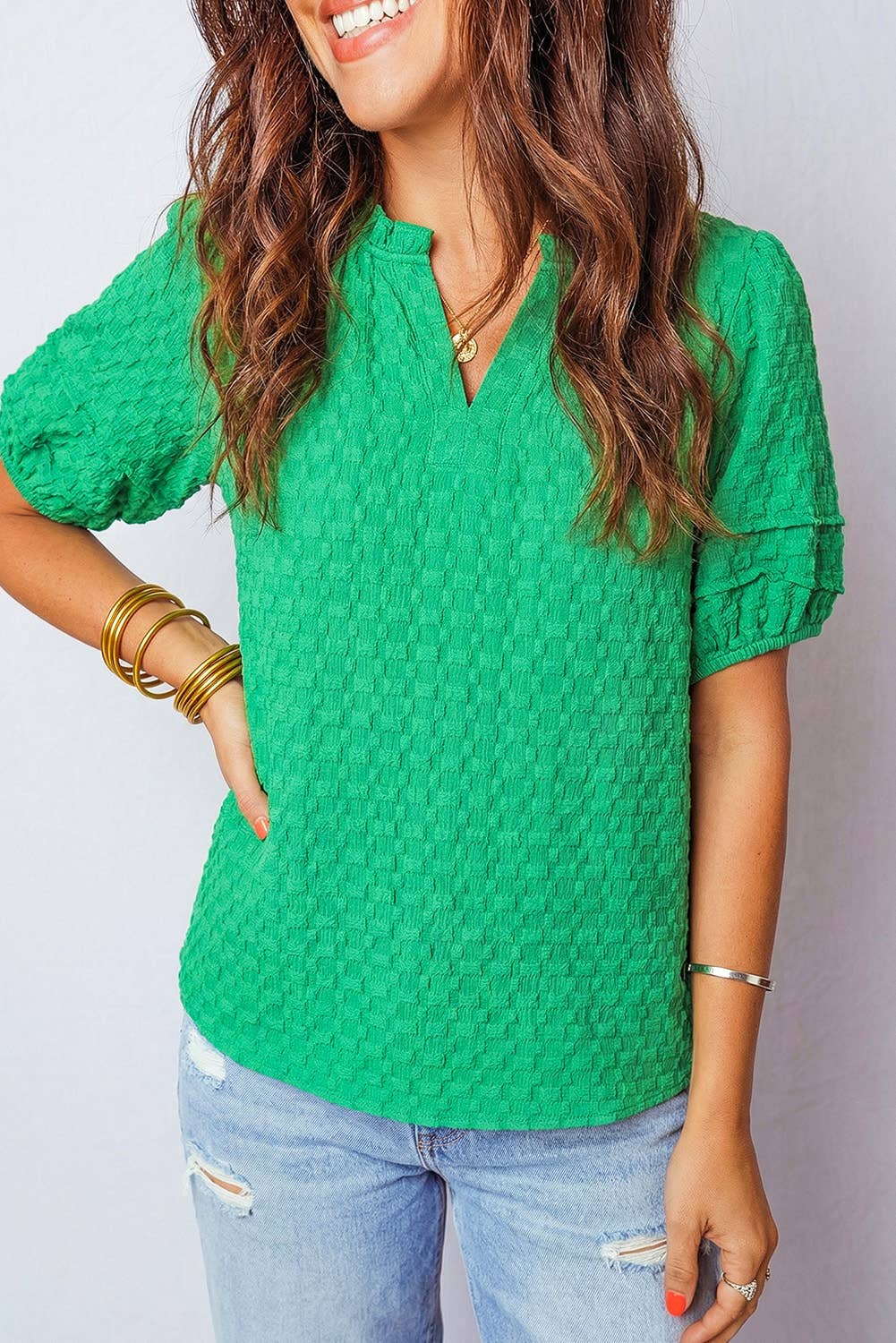 Textured Puff Short Sleeve V Neck Top