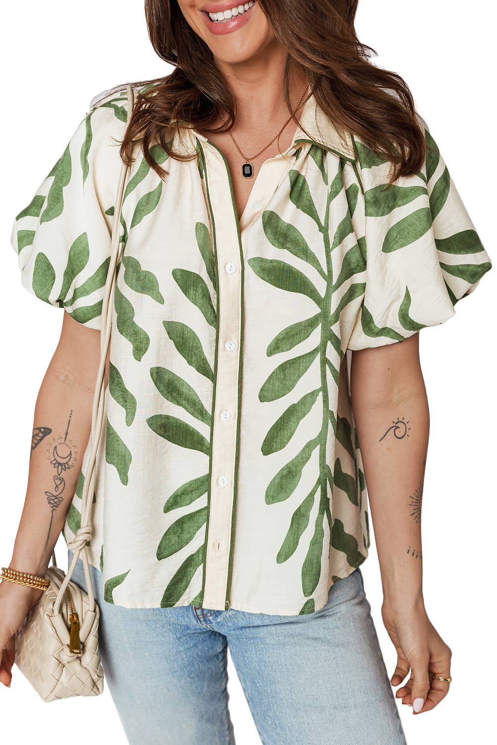 Green Leaf Print Short Balloon Sleeve Shirt