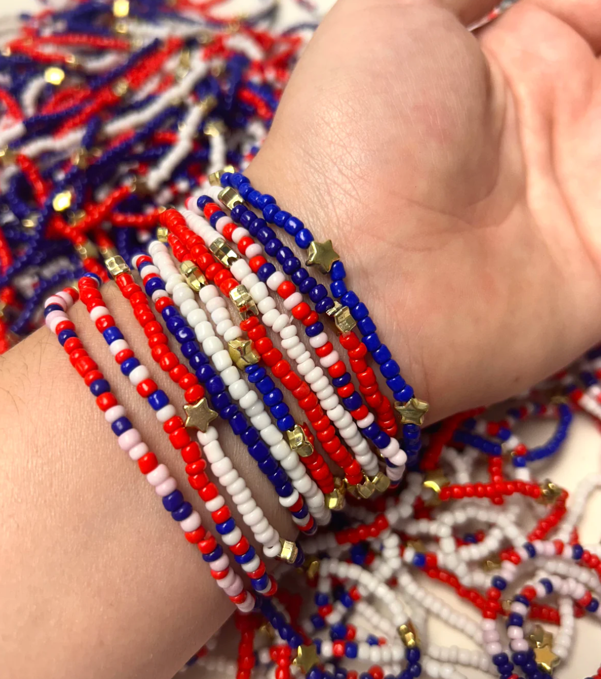 ❤️💙🤍 Red, White + Blue Patriotic Stretchy Mix Bracelets: 40 Bracelets